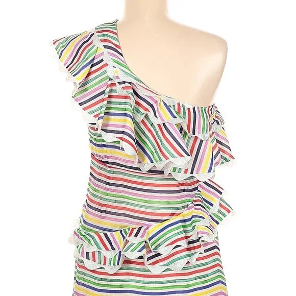 CeliaB Rainbow Striped One Shoulder Ruffle Midi Dress Medium - Picture 7 of 10